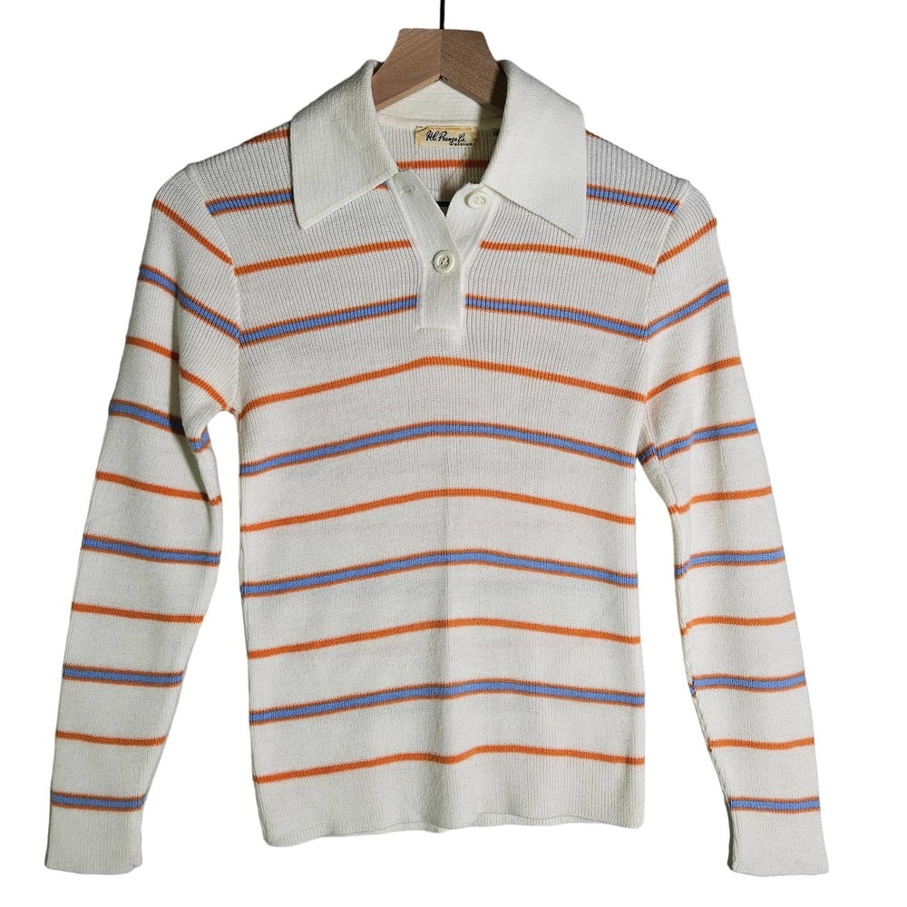 Vintage H.C. Prange Co Stripe Polo Sweater Top Women's M White Orange Blue